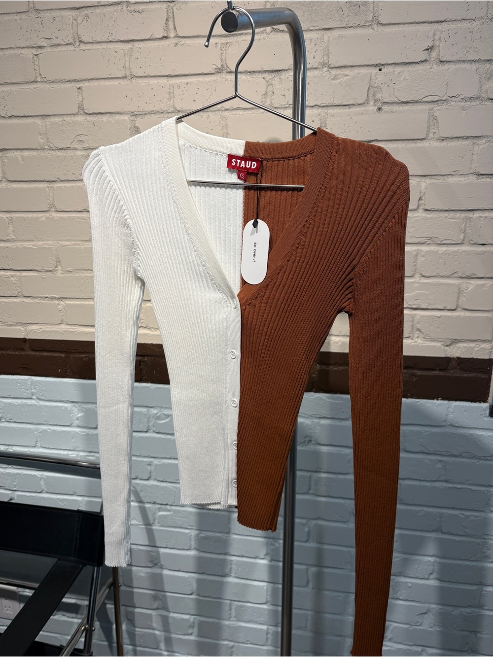 STAUD Cream Brown Ribbed Cardigan